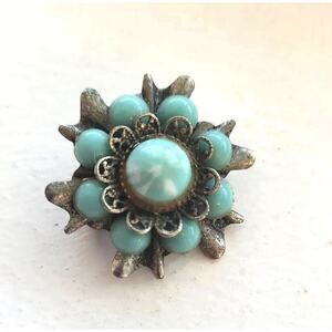 Turquoise Color Bead Scatter Brooch Silver Tone 1" Ruffle Cluster Flower Pin